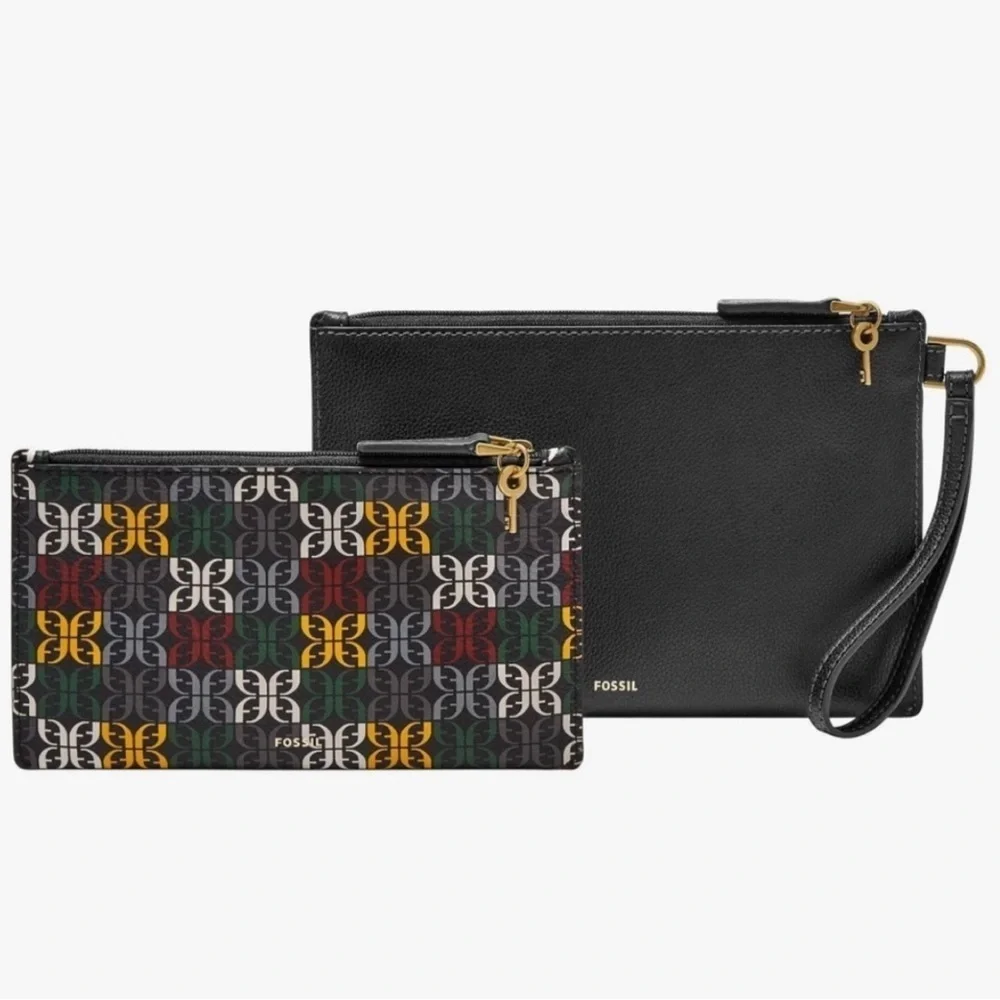 Fossil Black and Red Leather Clutch Wristlet